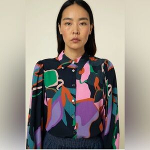 FRNCH Paris Floral Camassia Woven Shirt Abstract Button Down Medium Artsy Top